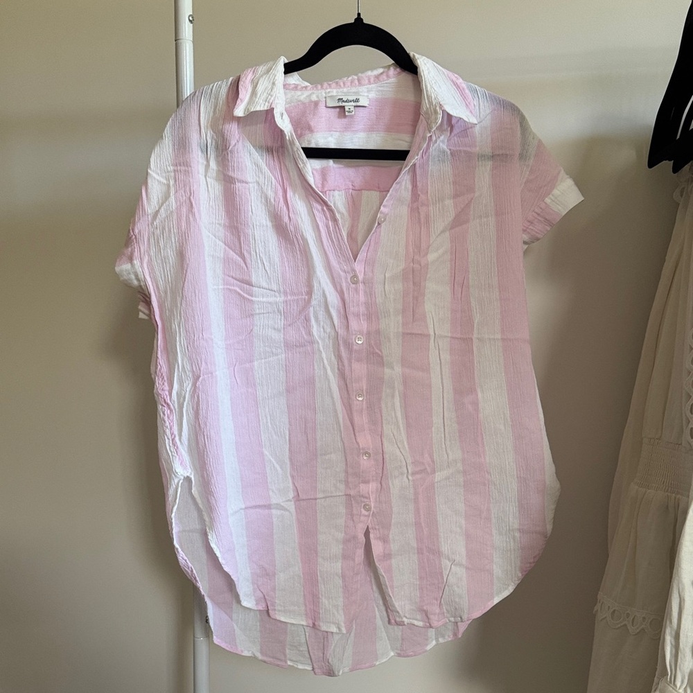 Madewell Linen Ping & White Striped Button-Up Shirt